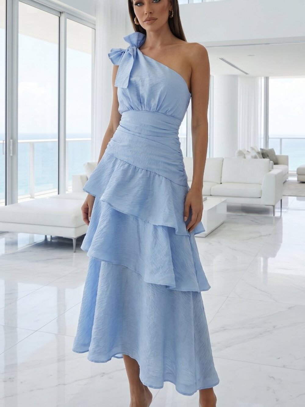 REVOLVE One-Shoulder Tiered Midi Dress in Light Blue with Bow Accent